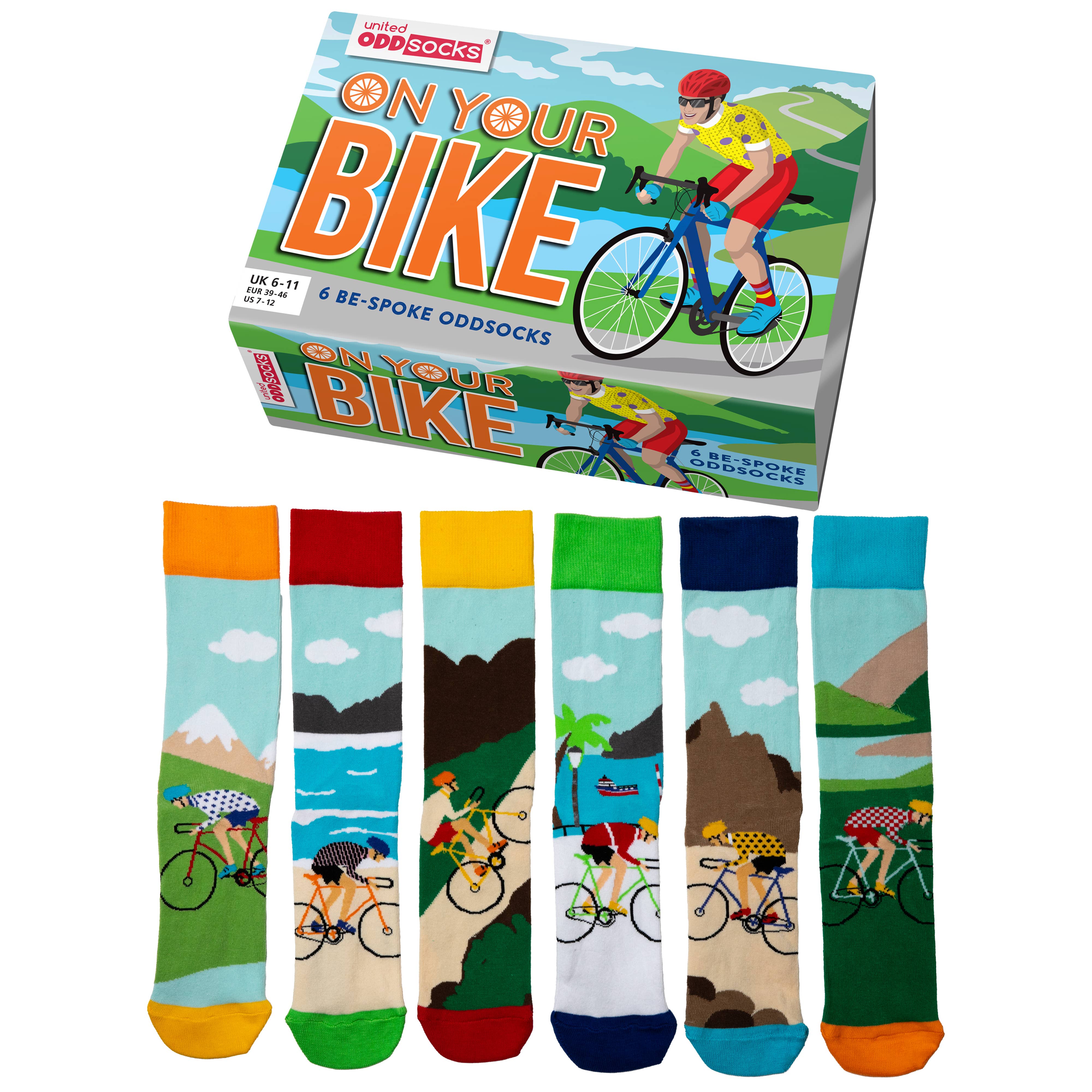 United Oddsocks 6 Odd Socks Gift Box - UK 6-11 EUR 39-46 US 7-12 - On Your Bike