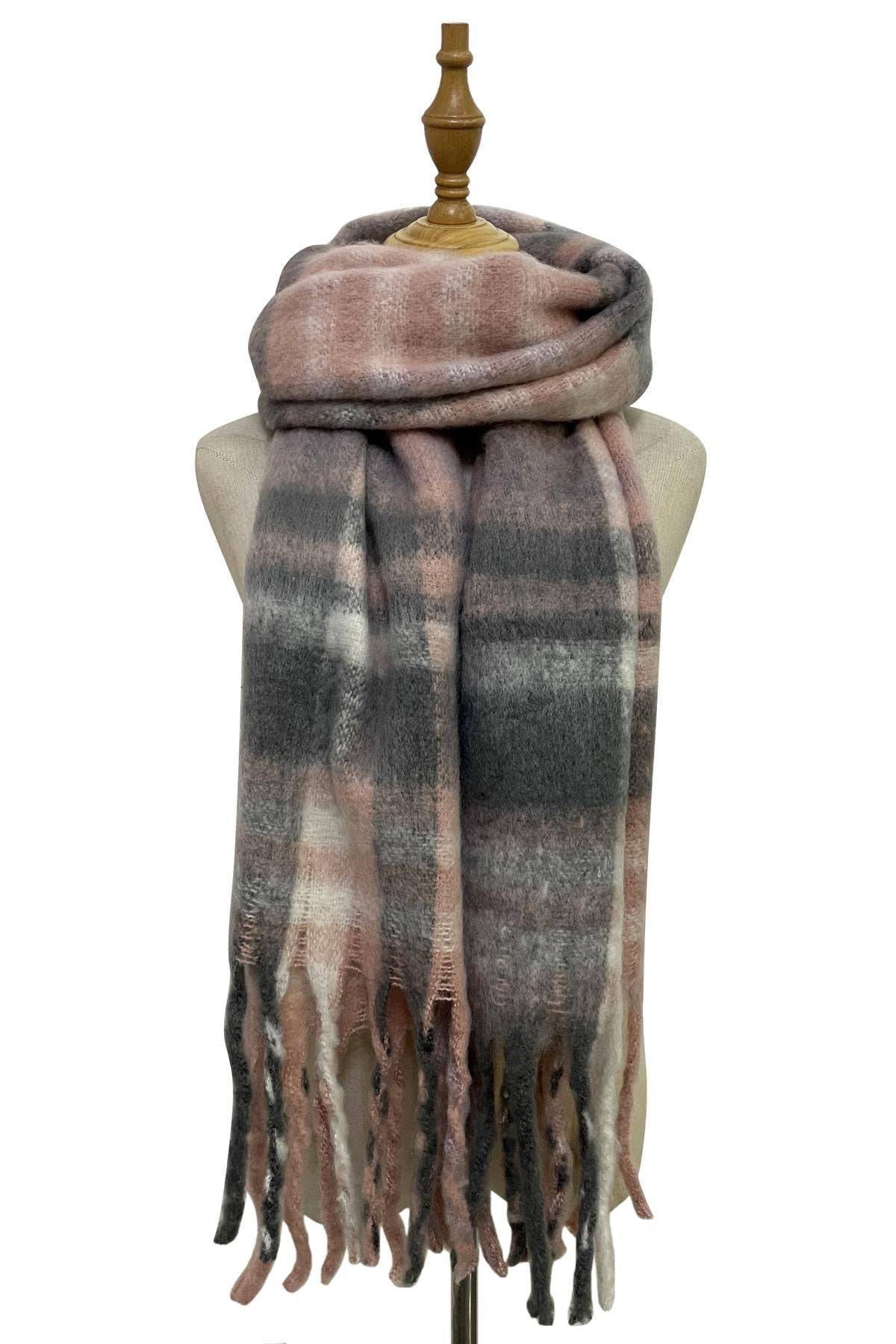 Dusky Pink Cosy Large Check Blanket Wrap Tassel Scarf
