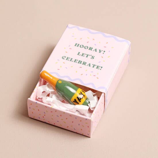 Tiny Matchbox Ceramic Champagne Bottle Token Trinket Hooray! Let's Celebrate!