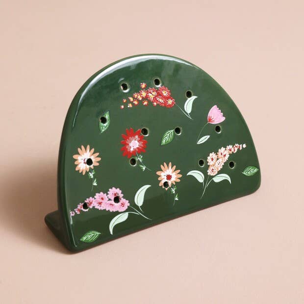 Forest Green Flower Print  Ceramic Earring Holder