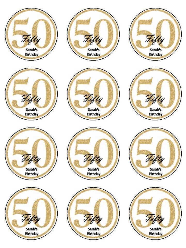 50th birthday gold fifty Edible Printed Cupcake Toppers Icing Sheet of 12 Toppers