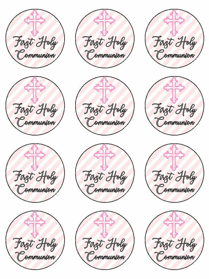 Pink first Holy Communion Baptism edible printed Cupcake Toppers Icing Sheet of 12 Toppers