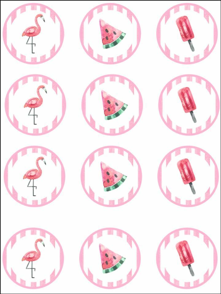 Tropical flamingos watermelon pink edible Printed Cupcake Toppers Icing Sheet of 12 Toppers