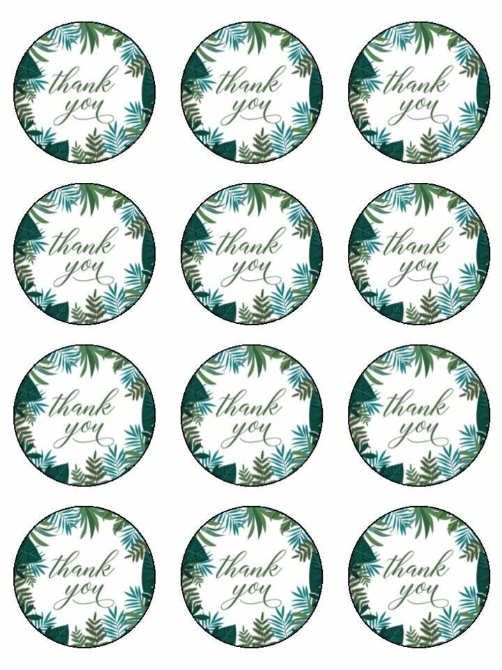 Tropical theme Thankyou leaf edible printed Cupcake Toppers Icing Sheet of 12 Toppers