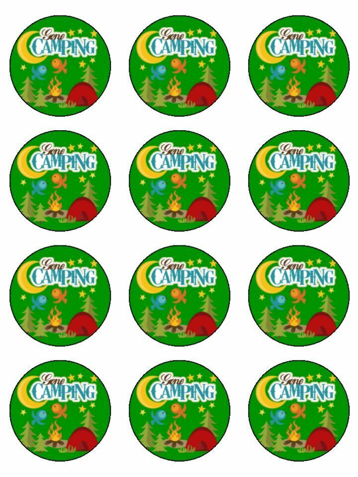 Gone Camping Campsite Tent Outdoors edible printed Cupcake Toppers Icing Sheet of 12 Toppers