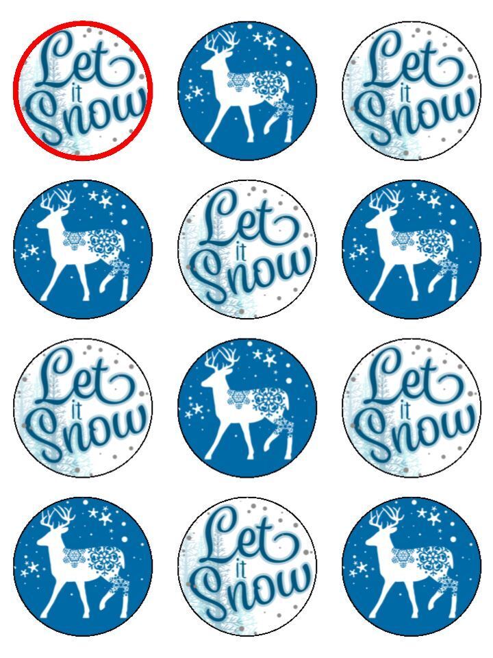 Let it snow reindeer christmas blue edible printed Cupcake Toppers Icing Sheet of 12 Toppers