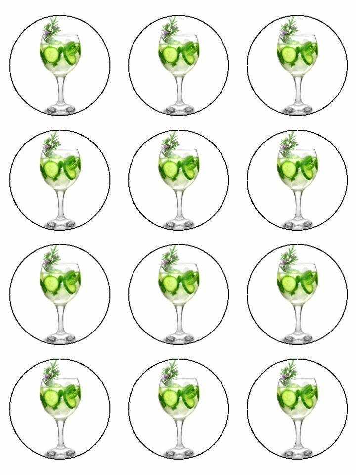 gin G&T cucumber lime alcohol drink edible printed Cupcake Toppers Icing Sheet of 12 Toppers