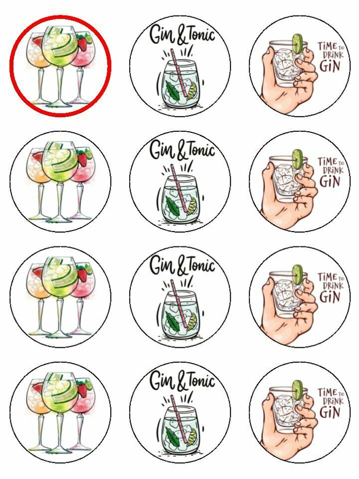 Gin Gin time birthday drinking edible printed Cupcake Toppers Icing Sheet of 12 Toppers