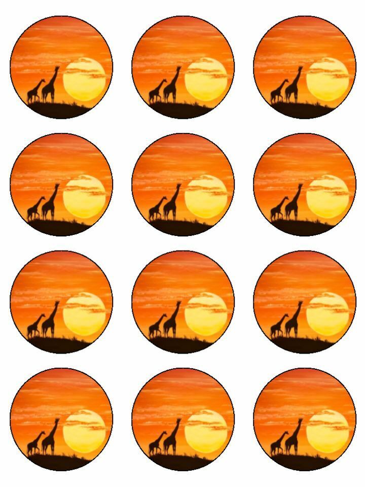 Giraffe animals wild animals sunset  edible printed Cupcake Toppers Icing Sheet of 12 Toppers