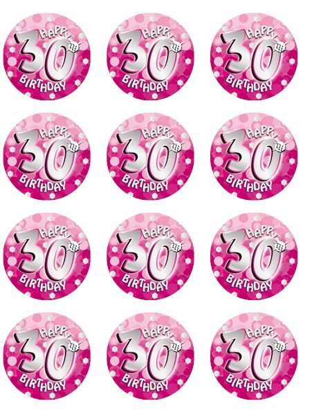 Happy 30th Birthday Pink  edible  printed Cupcake Toppers Icing Sheet of 12 Toppers
