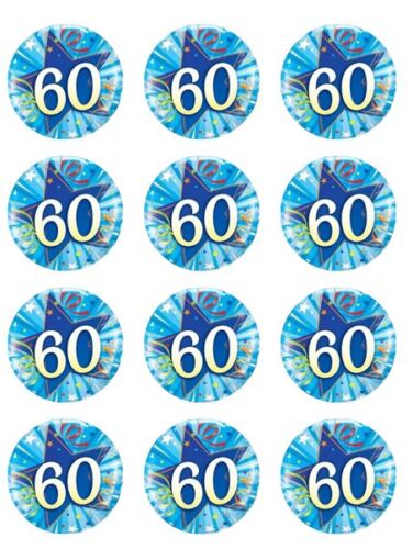 Happy 60th Birthday Blue  edible  printed Cupcake Toppers Icing Sheet of 12 Toppers