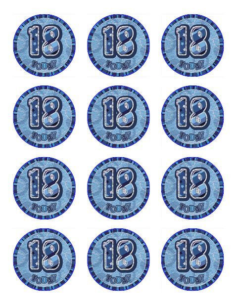 Happy 18th Birthday Blue   edible  printed Cupcake Toppers Icing Sheet of 12 Toppers