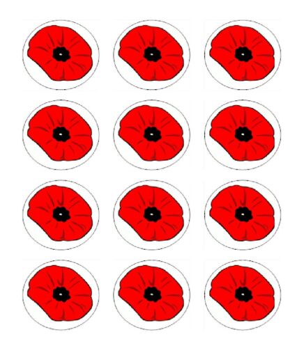 Poppy day Cupcake Remembrance Sunday  edible  printed Cupcake Toppers Icing Sheet of 12 Toppers