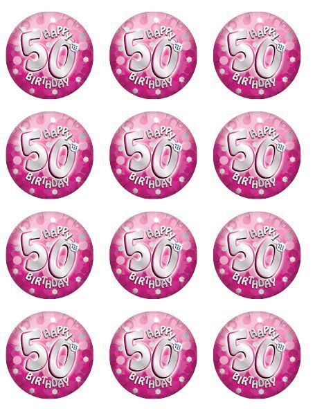Happy 50th Birthday Pink  edible  printed Cupcake Toppers Icing Sheet of 12 Toppers