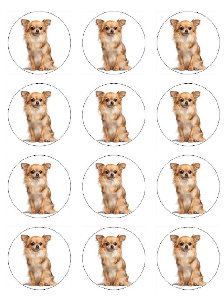 Chihuahua Dog long hair edible  printed Cupcake Toppers Icing Sheet of 12 Toppers