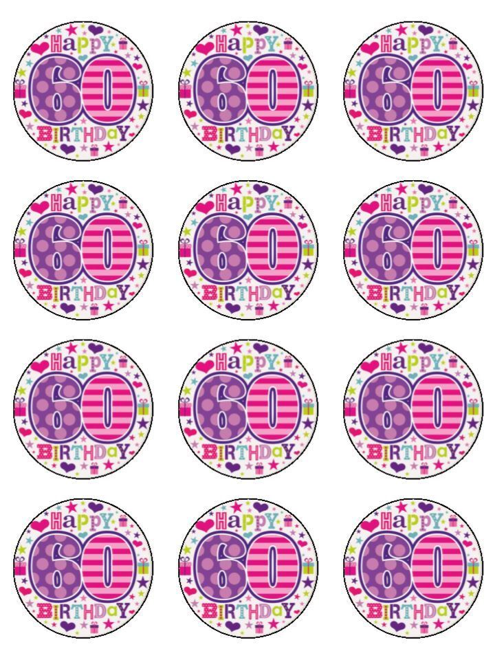 60th Birthday girly pink edible printed Cupcake Toppers Icing Sheet of 12 Toppers
