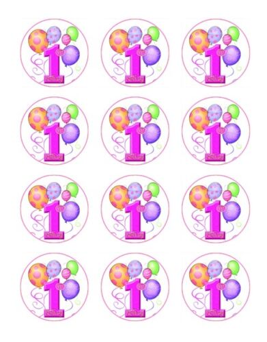 Happy 1 1st Birthday Pink   edible  printed Cupcake Toppers Icing Sheet of 12 Toppers