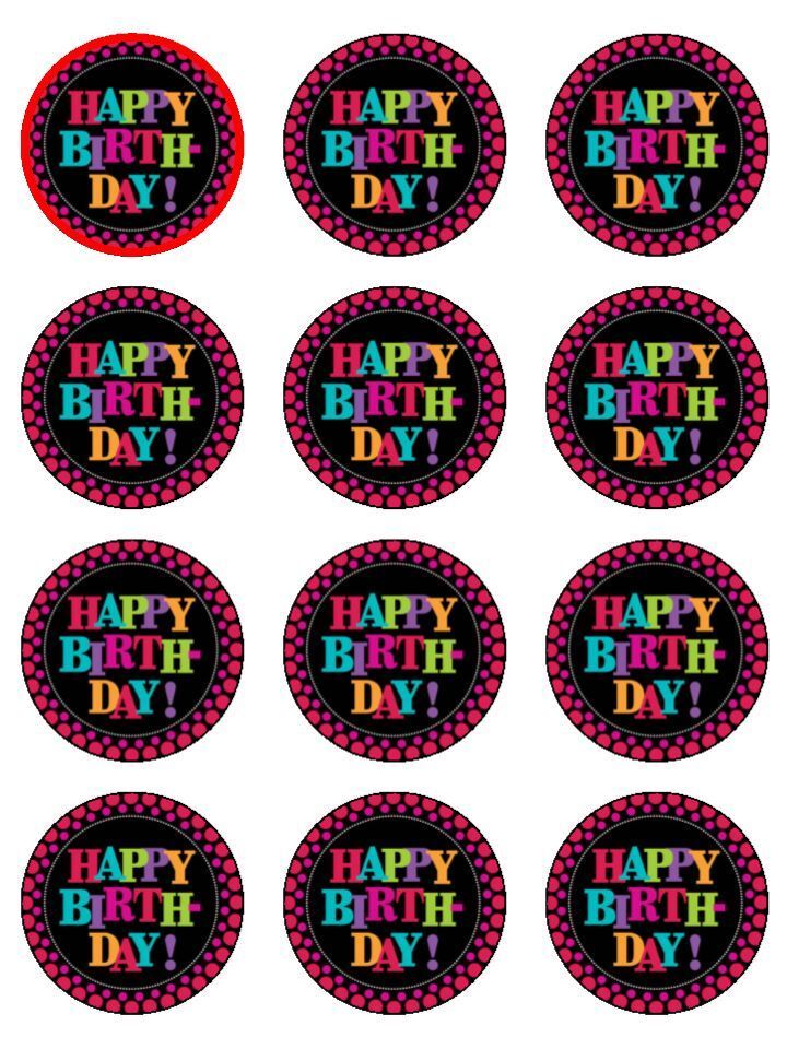 Happy Birthday Multi colour edible printed Cupcake Toppers Icing Sheet of 12 Toppers