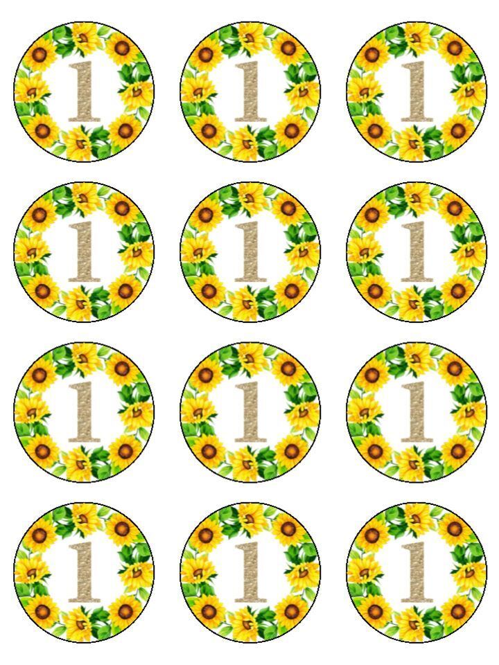 sunflowers 1st birthday Edible Printed Cupcake Toppers Icing Sheet of 12 Toppers