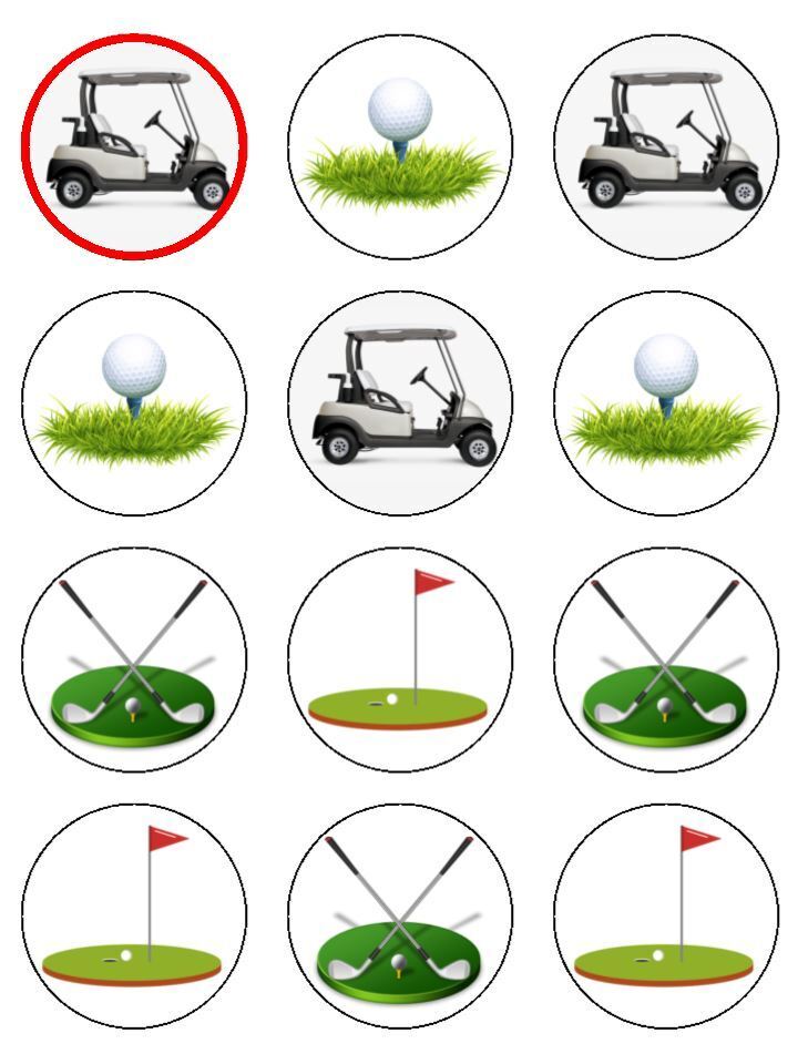 Golf Club Ball Cart Green Edible Printed Cupcake Toppers Icing Sheet of 12 Toppers