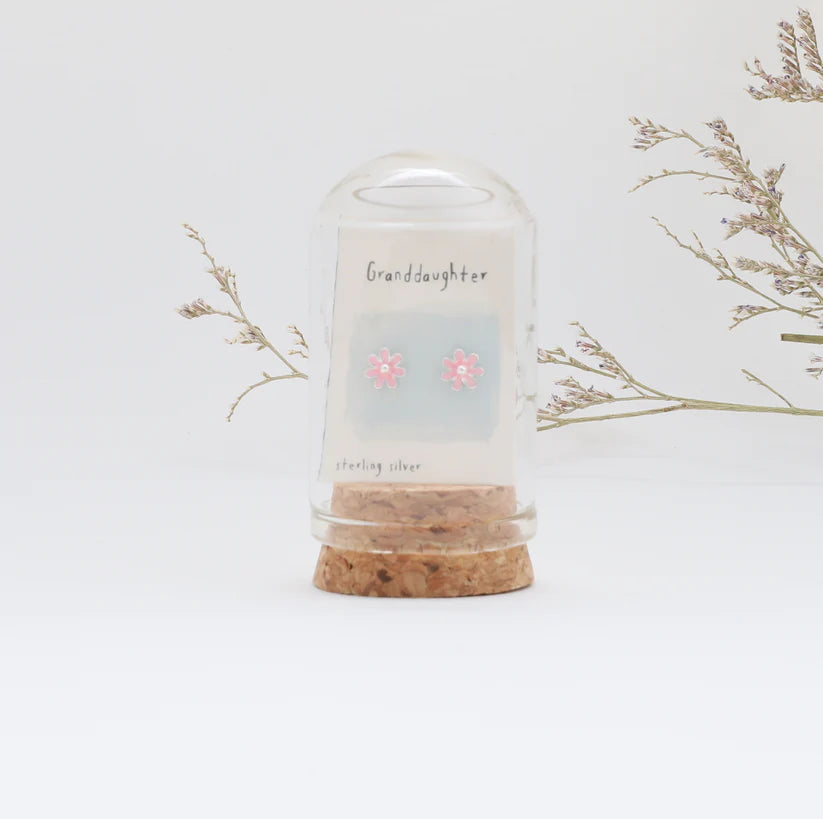 Granddaughter - Terrarium Bottle - Flower Stud Earrings with Butterfly Back - Silver