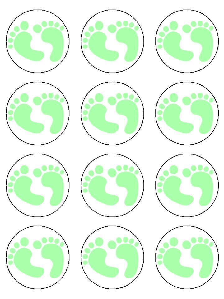 green neutral baby feet babyshower Edible Printed Cupcake Toppers Icing Sheet of 12 Toppers