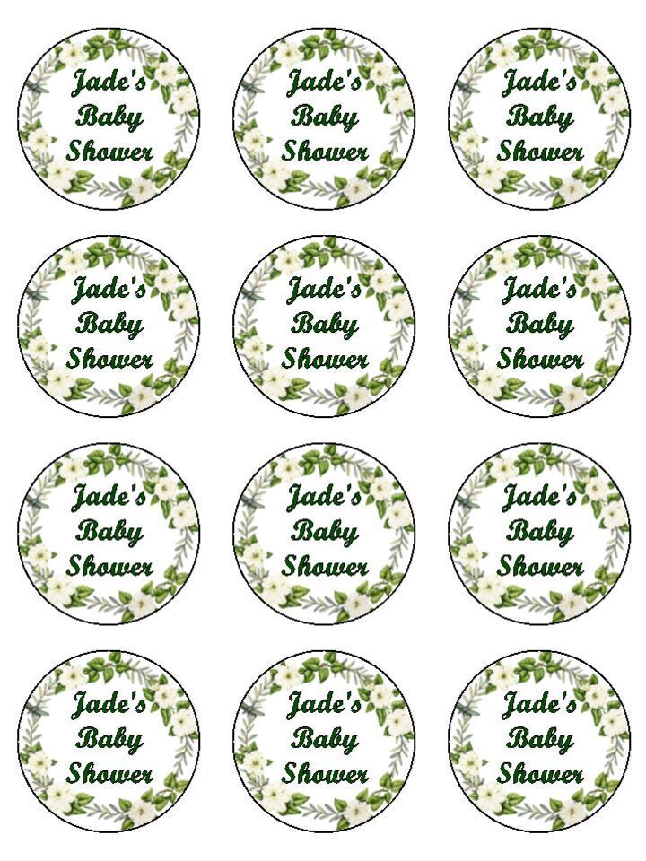 Green foliage babyshower personalised Edible Printed Cupcake Toppers Icing Sheet of 12 toppers