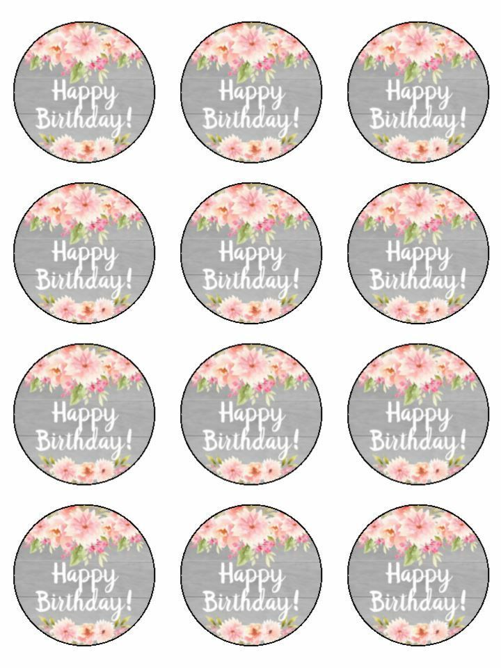 Pretty floral grey happy birthday edible printed Cupcake Toppers Icing Sheet of 12 Toppers