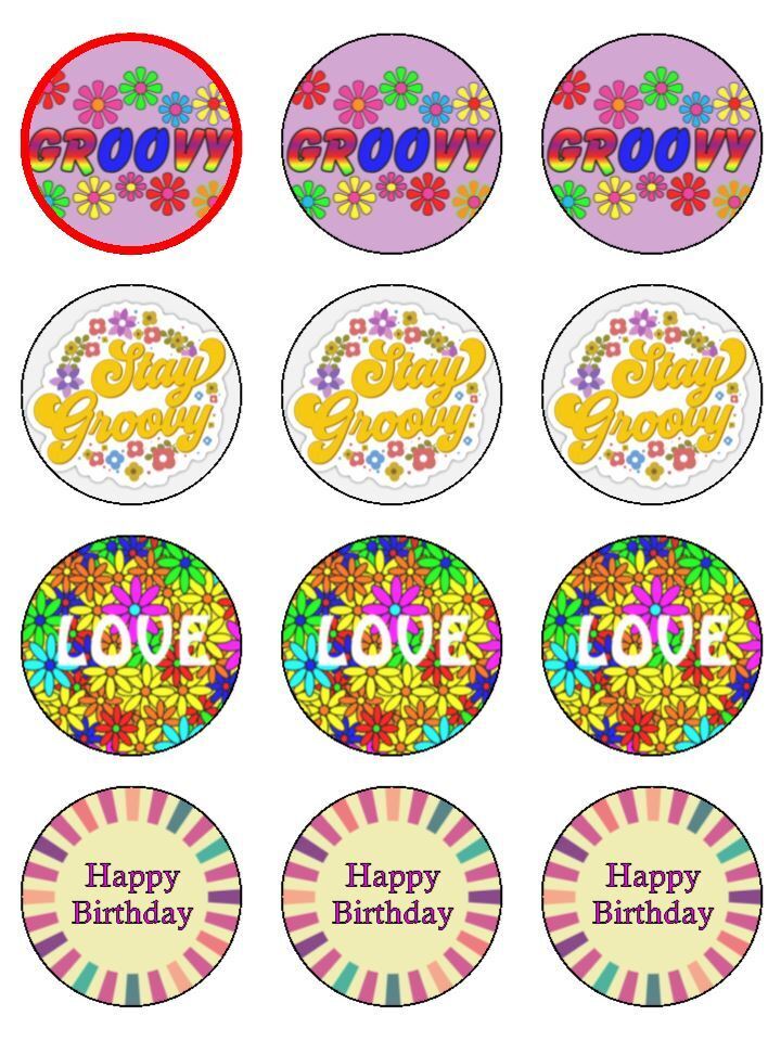Groovy 70s flowers colour  Edible Printed Cupcake Toppers Icing Sheet of 12 Toppers