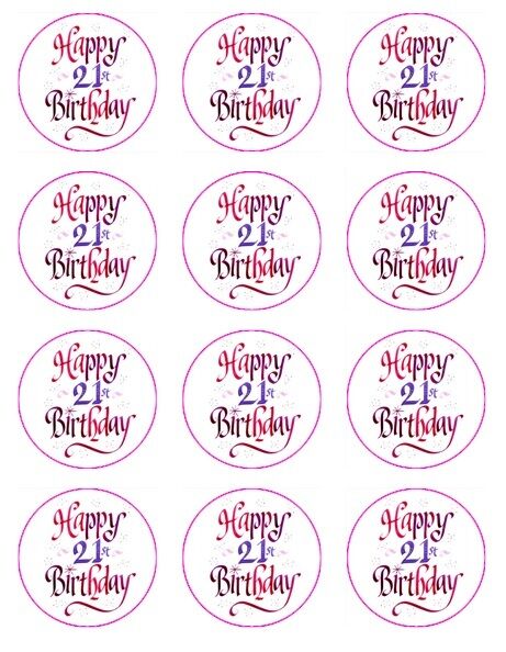 Happy 21st Birthday Pink   edible  printed Cupcake Toppers Icing Sheet of 12 Toppers
