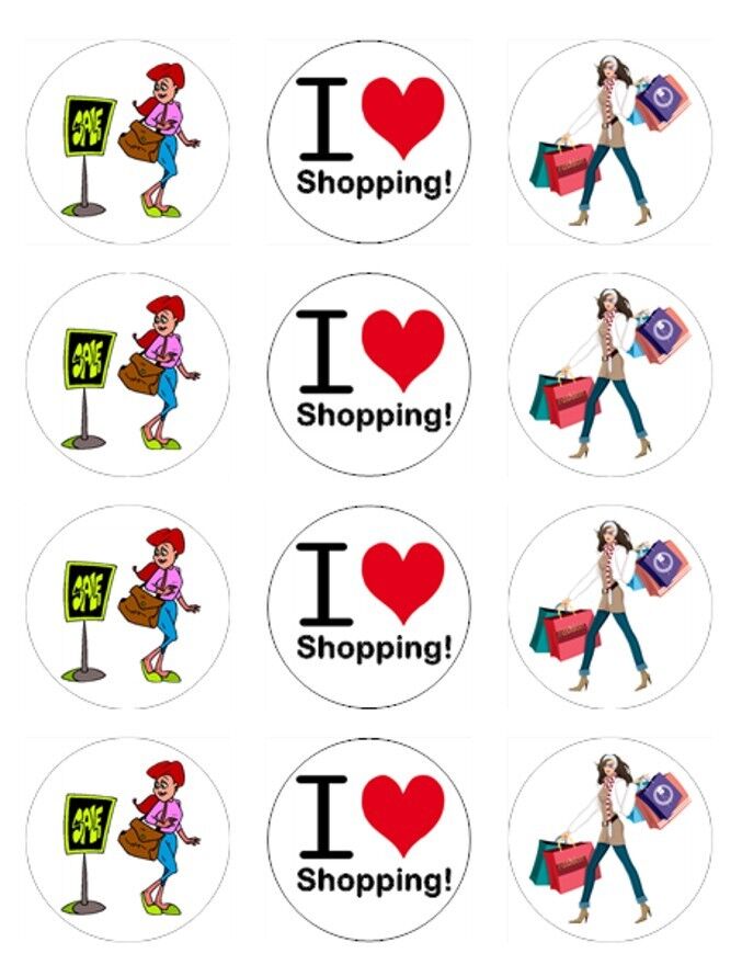 I love Shopping shoes bags edible  printed Cupcake Toppers Icing Sheet of 12 Toppers