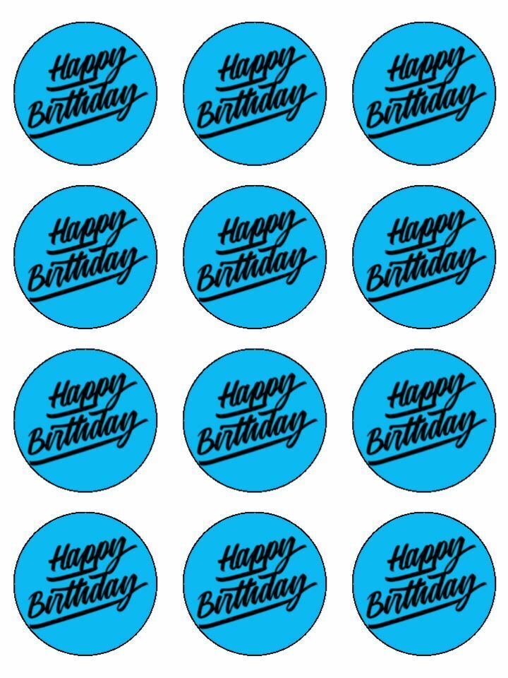 Happy Birthday blue black edible printed Cupcake Toppers Icing Sheet of 12 Toppers