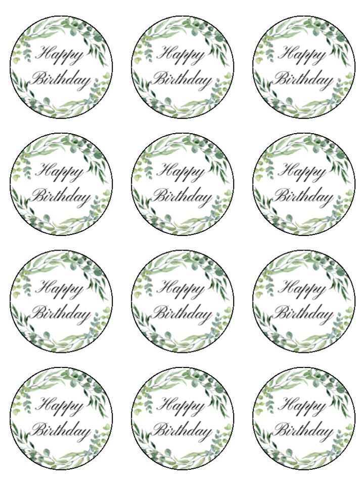 Happy Birthday Eucalyptus Foliage Edible Printed Cupcake Toppers Icing Sheet of 12 Toppers