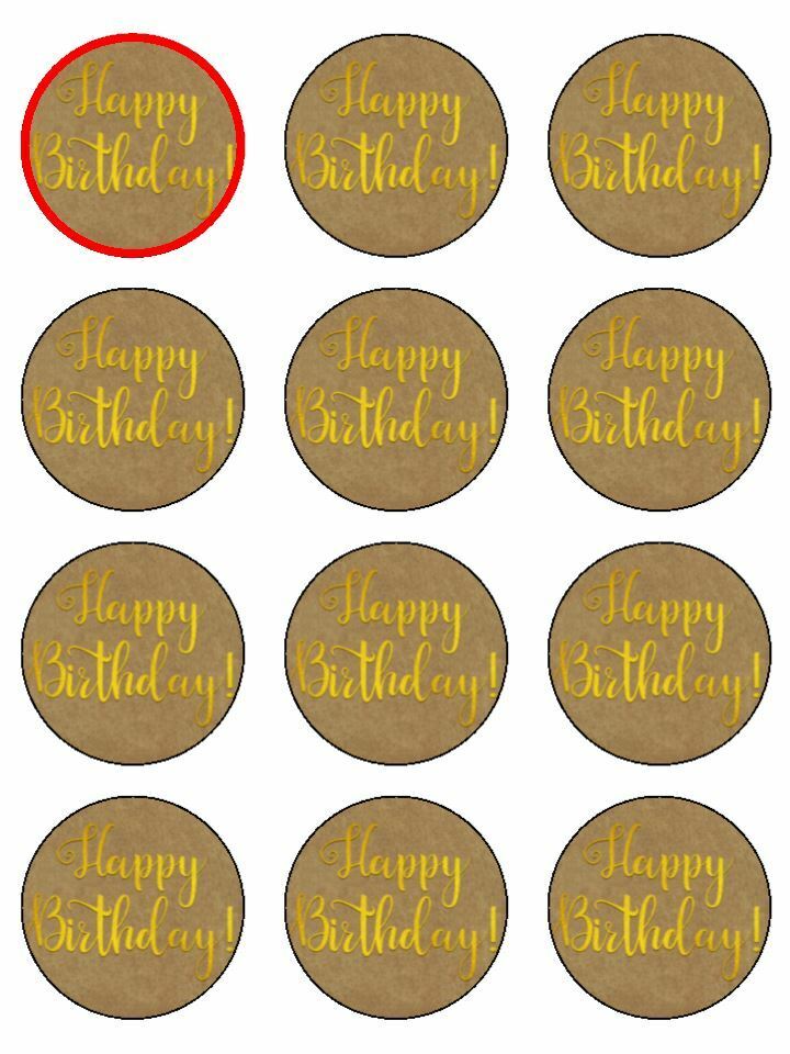 Happy Birthday craft gold edible printed Cupcake Toppers Icing Sheet of 12 Toppers