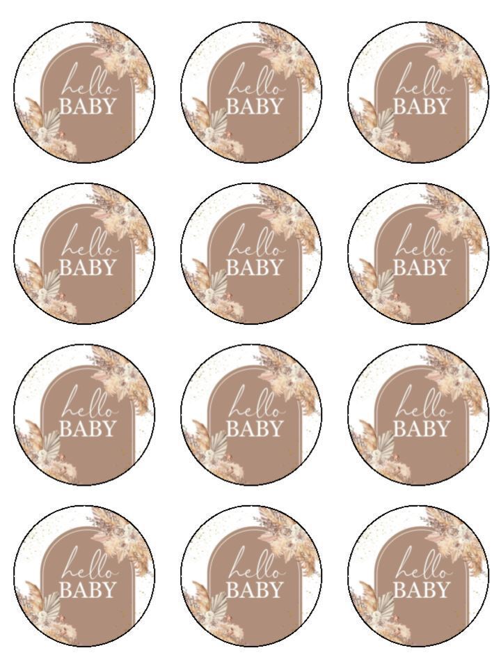 Hello baby neutral babyshower Edible Printed Cupcake Toppers Icing Sheet of 12 Toppers