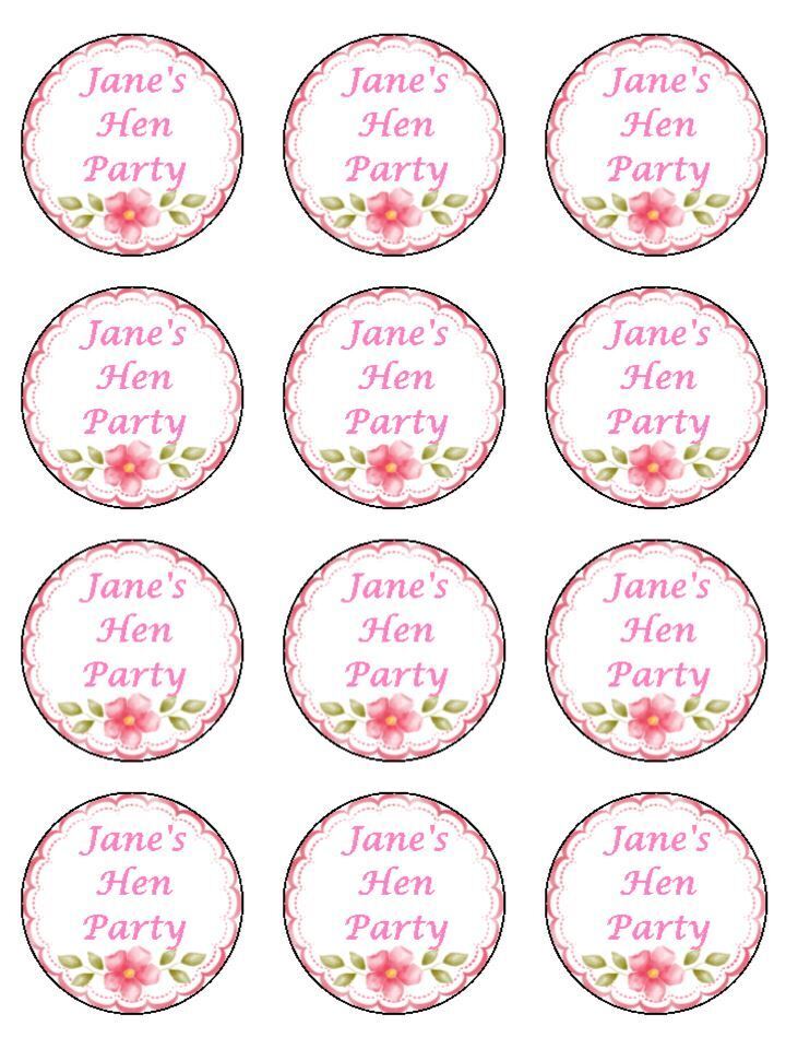 Hen night hen day pink personalised Edible Printed Cupcake Toppers Icing Sheet of 12 toppers