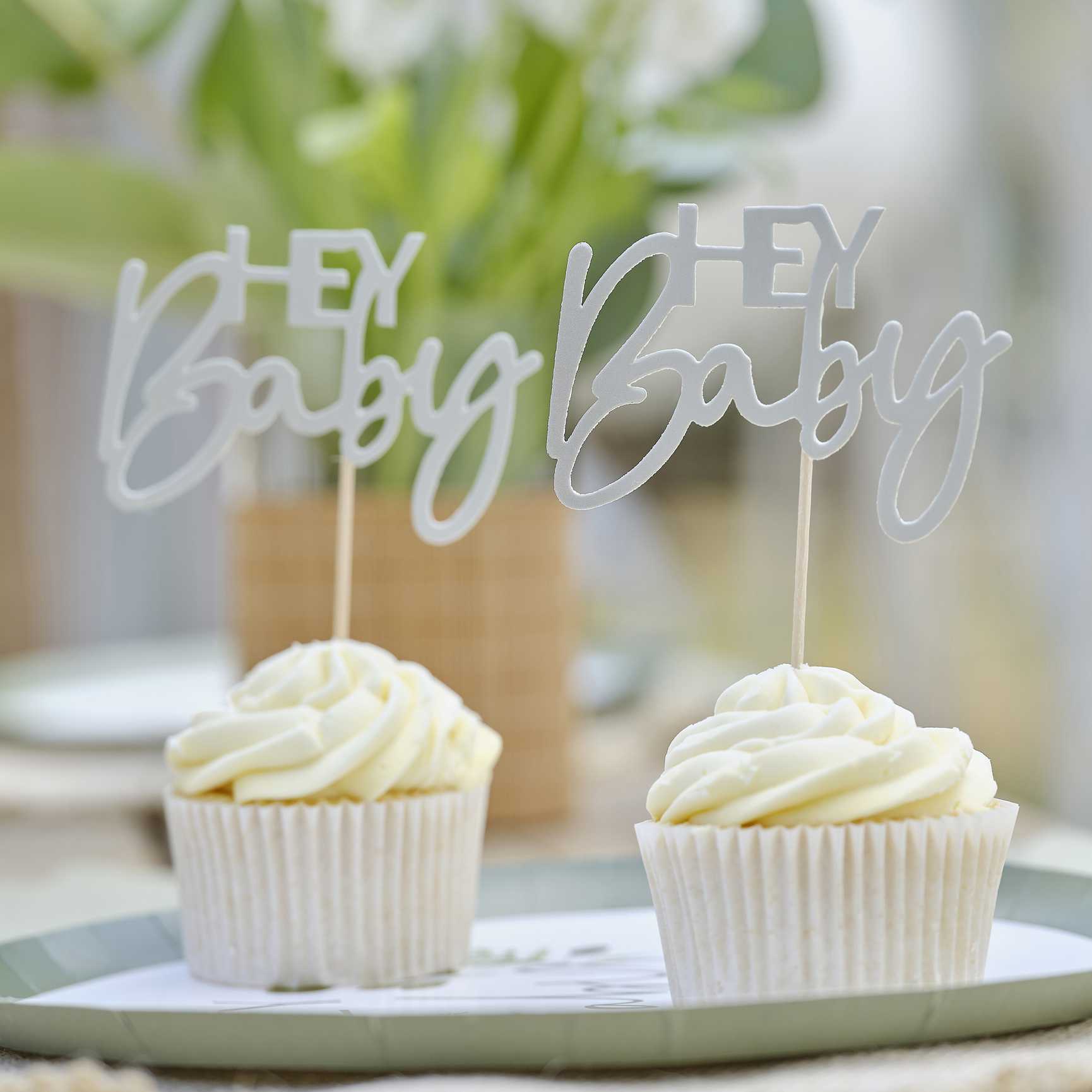 Ginger Ray Hey Baby Sage Green Cupcake Toppers - Pack of 12