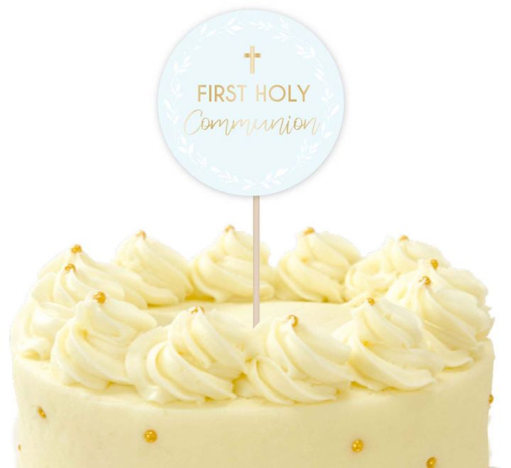 First Holy Communion Pale Blue & Gold Cake Topper