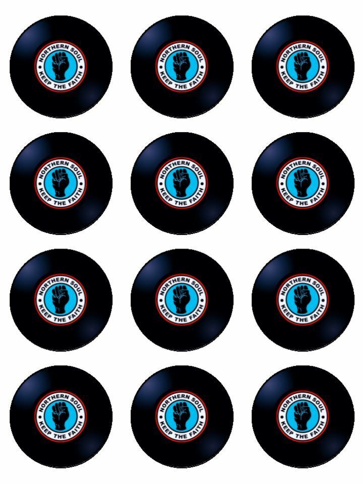 Retro Vinyl Record Northern Soul Music edible printed Cupcake Toppers Icing Sheet of 12 Toppers