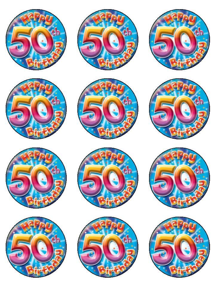 50th Multi colour colouful birthday  edible printed Cupcake Toppers Icing Sheet of 12 Toppers