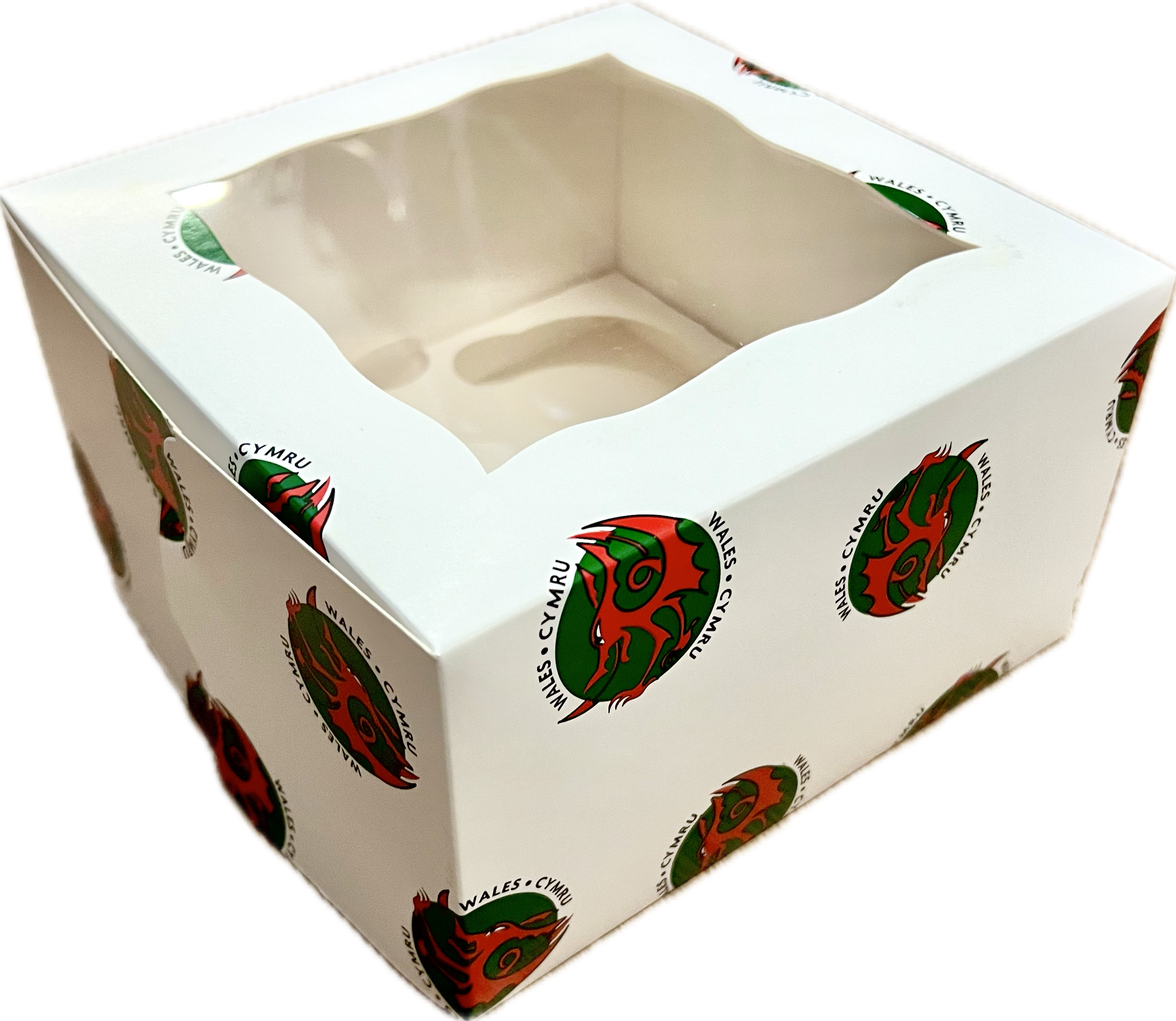 4 Hole Cavity Cupcake Box White with Window - 4" Deep With Welsh Dragon Design
