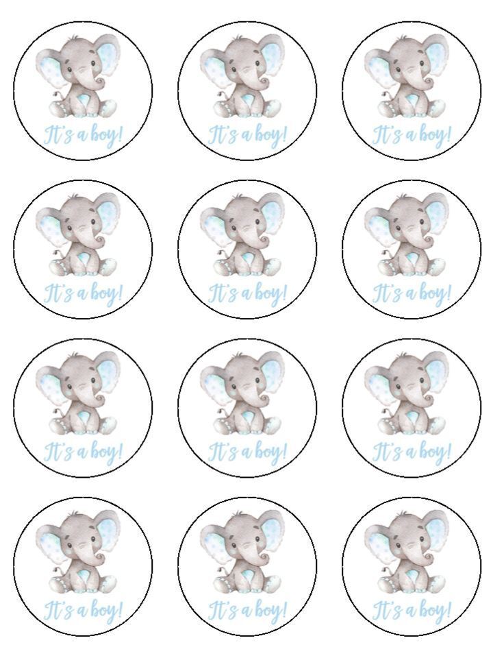 elephant its a boy blue babyshower Edible Printed Cupcake Toppers Icing Sheet of 12 Toppers Edible Printed Cupcake Toppers Icing Sheet of 12 Toppers