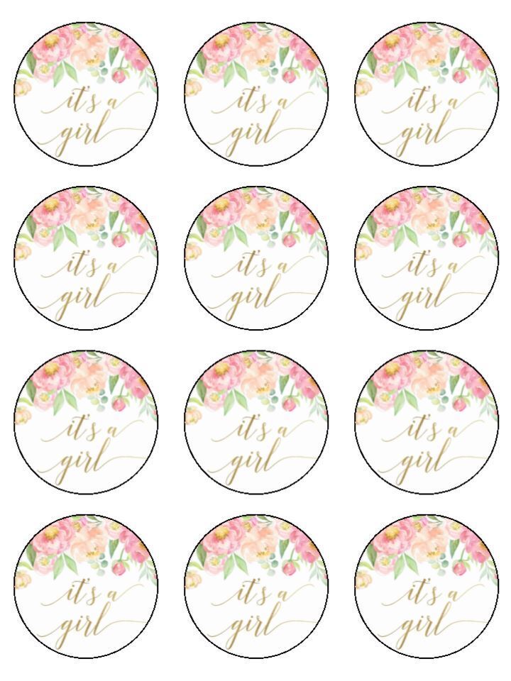 its a girl baby shower floral gold Edible Printed Cupcake Toppers Icing Sheet of 12 Toppers