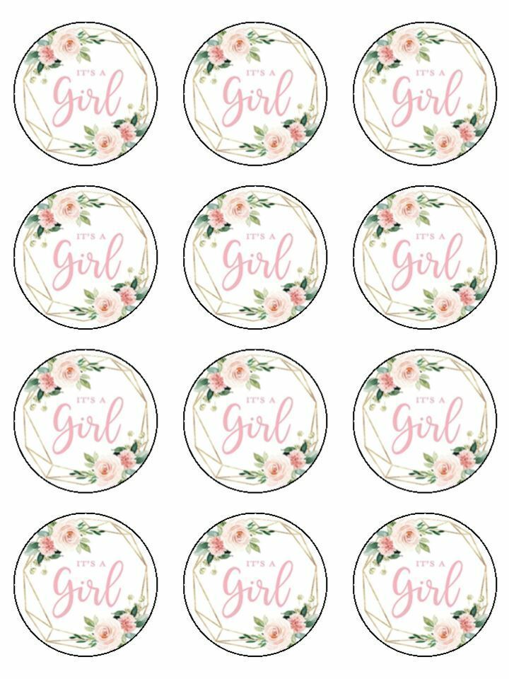 its a girl floral foliage Edible Printed Cupcake Toppers Icing Sheet of 12 Toppers