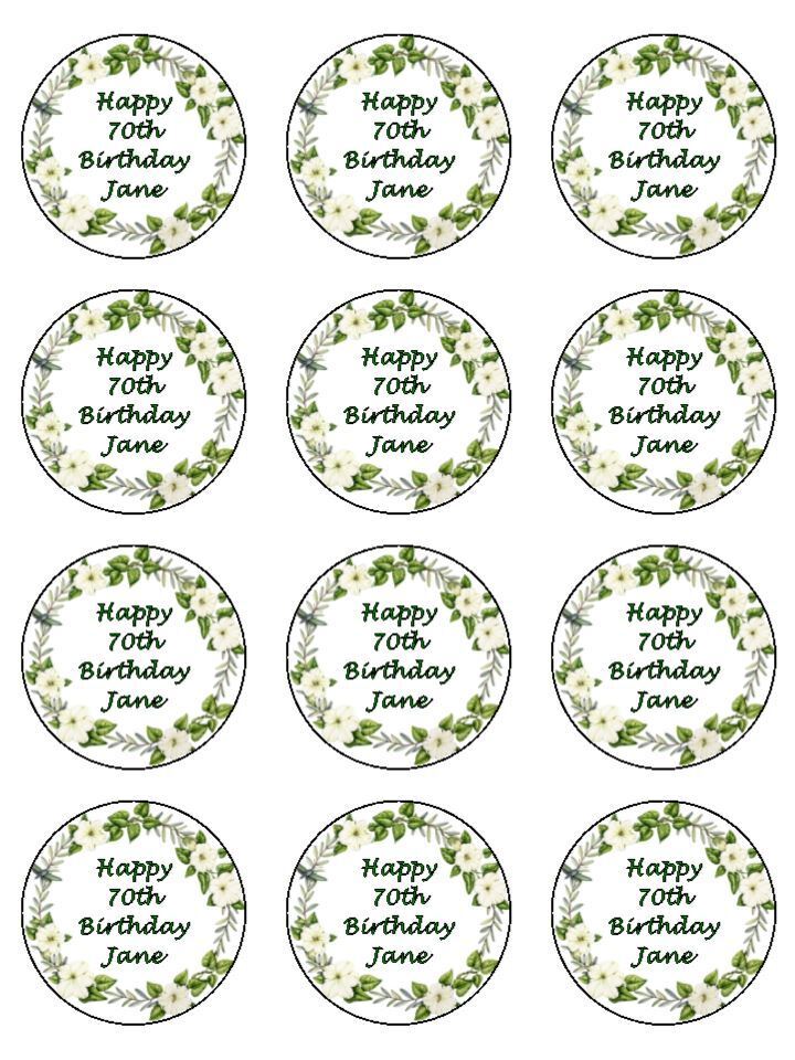 green ivy floral pretty personalised Edible Printed Cupcake Toppers Icing Sheet of 12 toppers