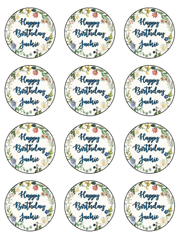 Floral birthday flowers Personalised Edible Printed Cupcake Toppers Icing Sheet of 12 Toppers