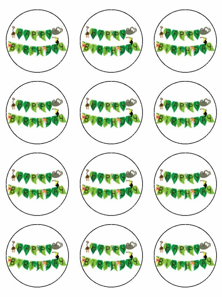 Happy Birthday jungle theme edible Printed Cupcake Toppers Icing Sheet of 12 Toppers