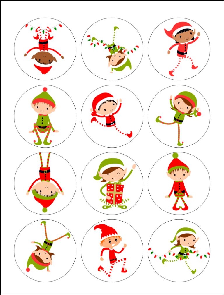 Elf Elves Elf's Christmas Theme edible  printed Cupcake Toppers Icing Sheet of 12 Toppers