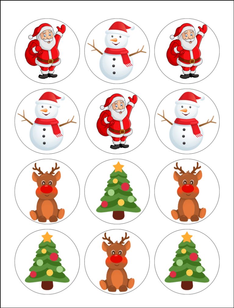 Santa, Snowman, Tree, Rudolf Christmas Theme edible  printed Cupcake Toppers Icing Sheet of 12 Toppers