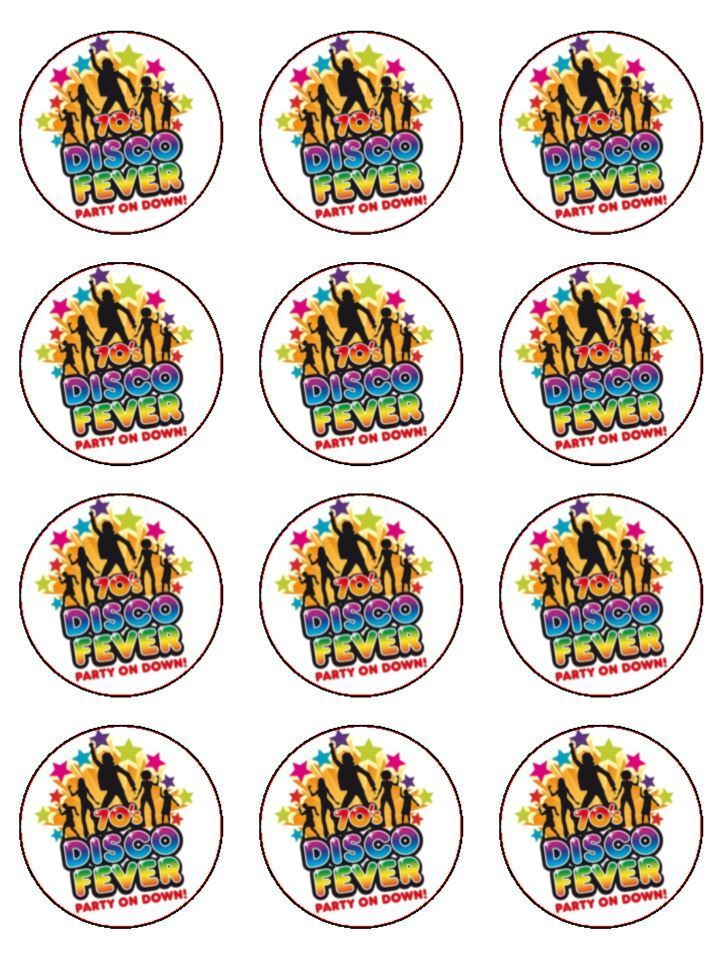 70's disco fever edible  printed Cupcake Toppers Icing Sheet of 12 Toppers